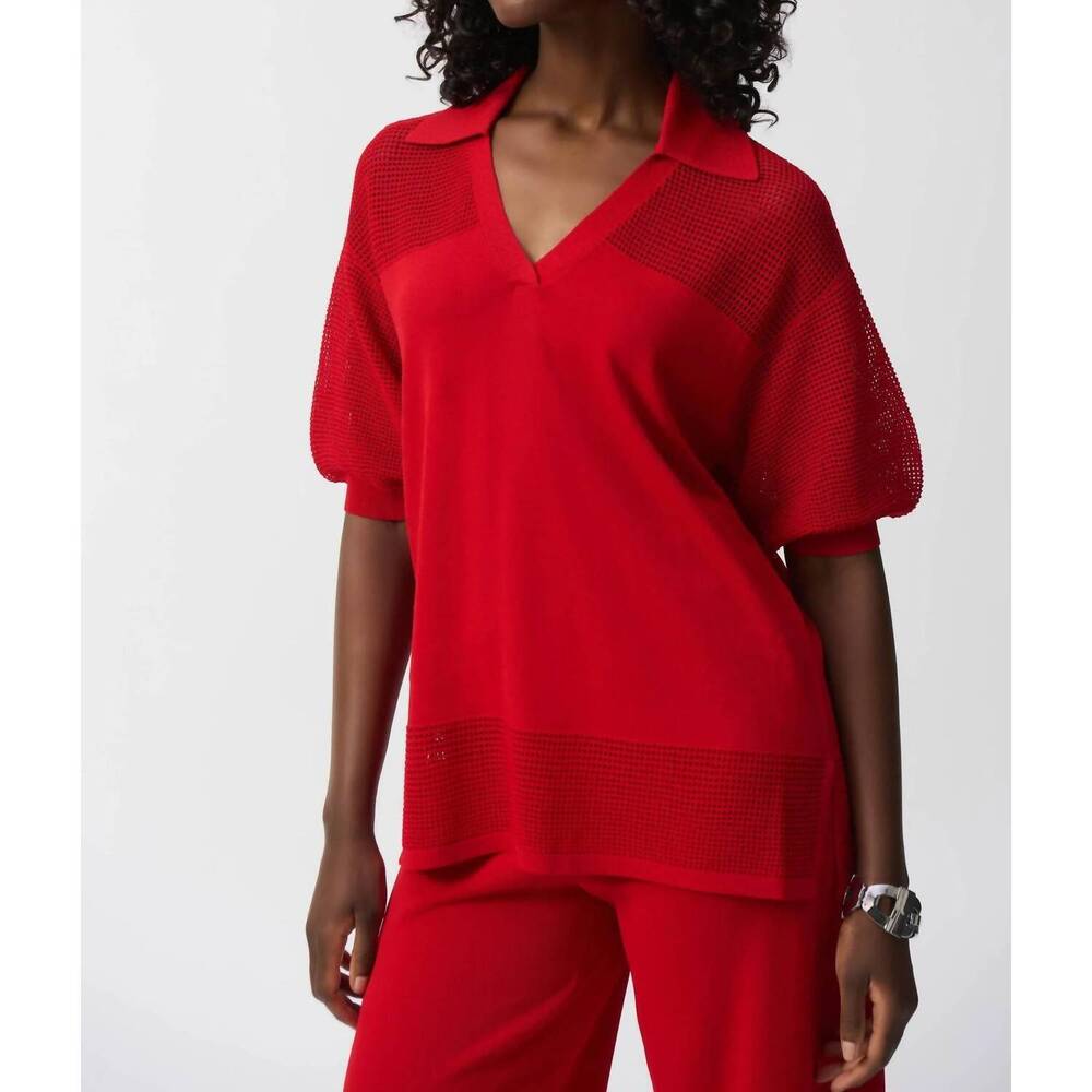 NEW JOSEPH RIBKOFF sweater knit v-neck puff sleeve top in radiant red